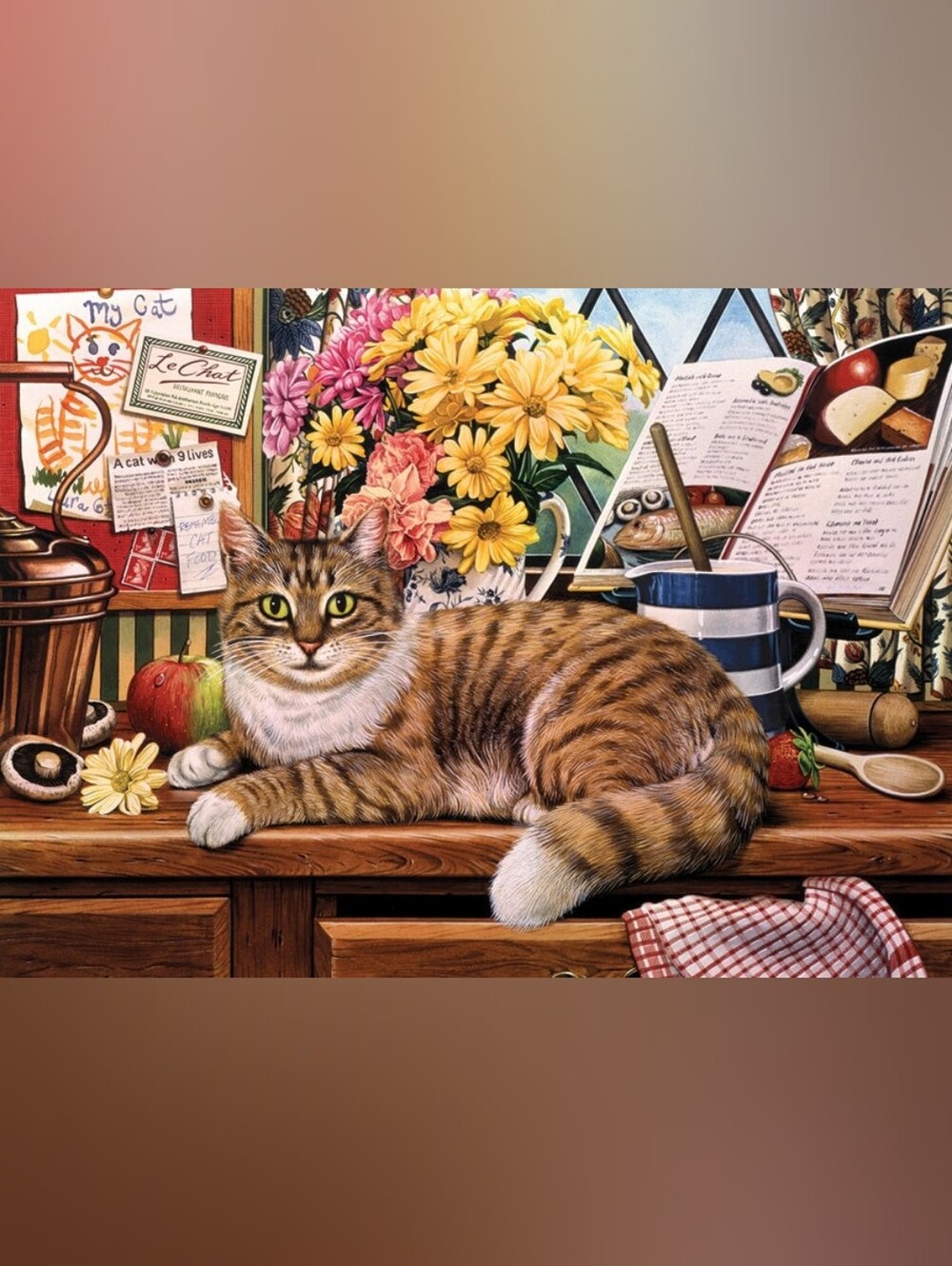 Cobble Hill Matilda 500 Piece Jigsaw Puzzle Tabby Cat Kitchen Flowers - Picture 5 of 5